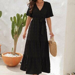 Elegant Swiss Dot Wrap Dress with Waist Tie